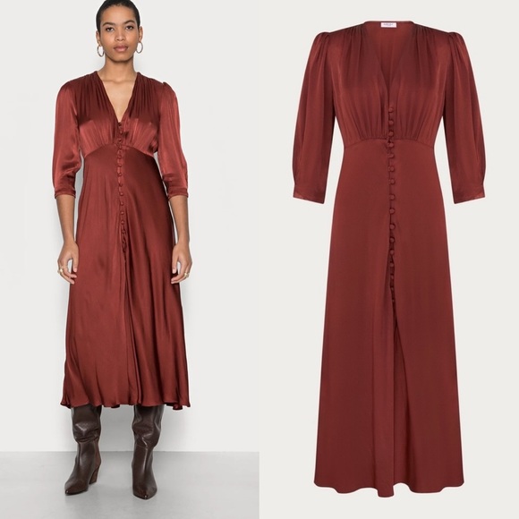 Ghost London Dresses & Skirts - Ghost London Madison Satin Maxi Midi Dress Bordeaux Bodycon Sheath XS V-neck